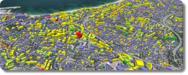 Image de batiments en 3D avec couleur suivant la note énergétique